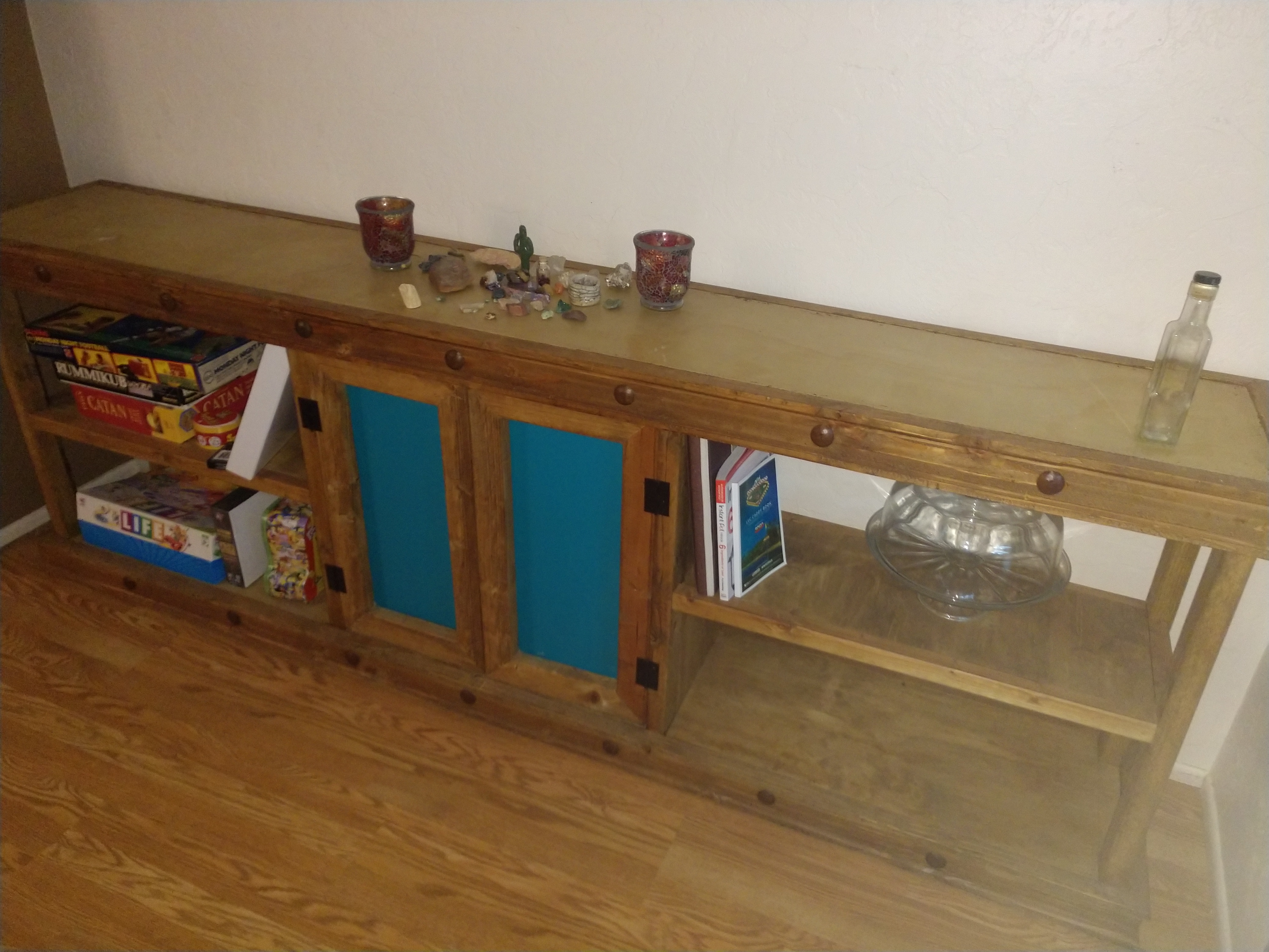 Custom console table with storage and decorative details