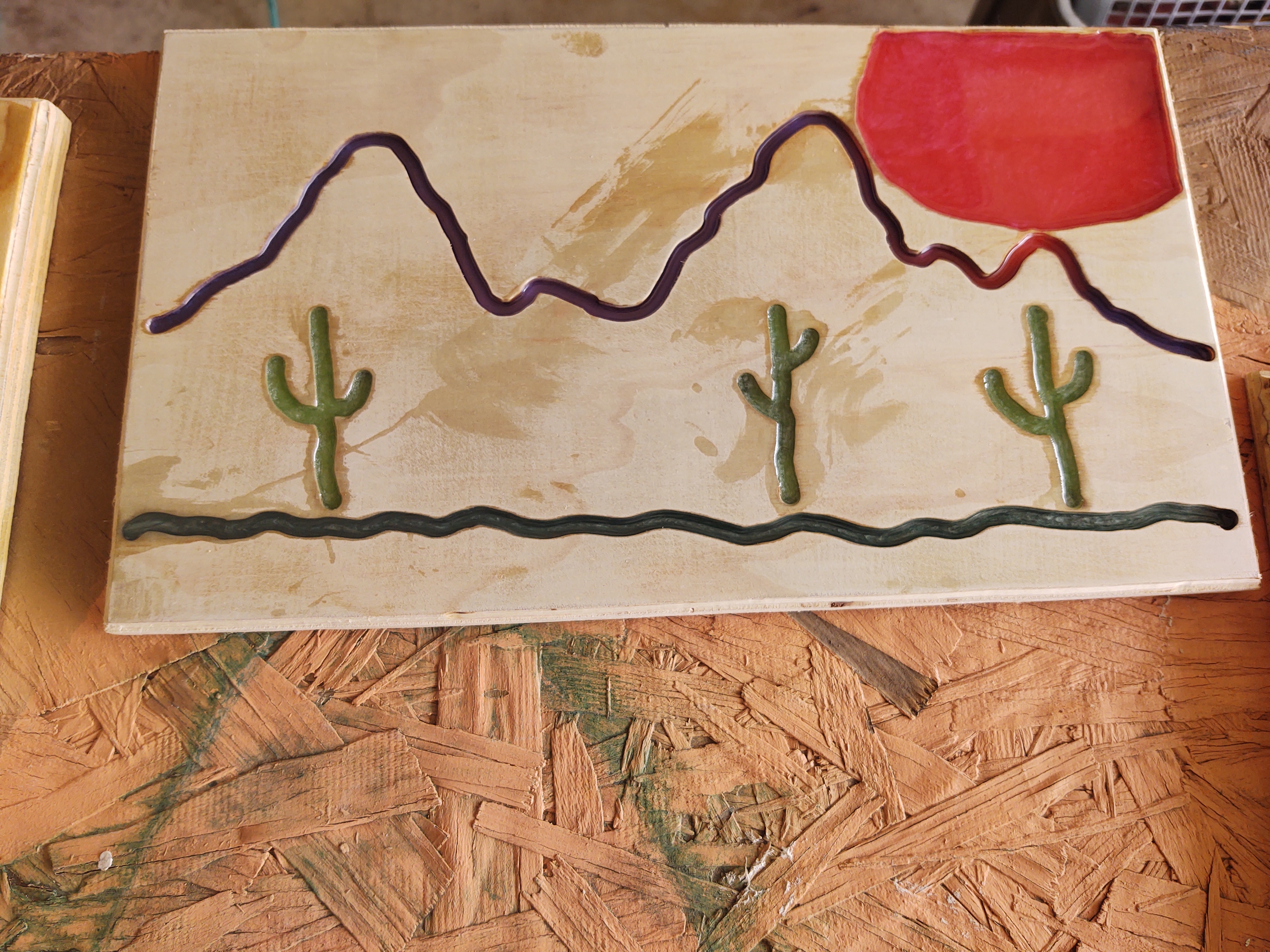 Hand-painted Arizona mountains and saguaro cactus wood art